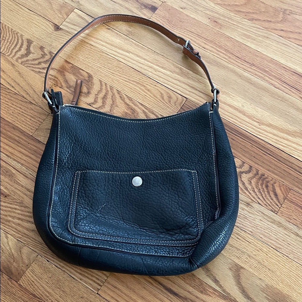 Coach Black Pebbled Leather Shoulder Hobo with Tan Strap